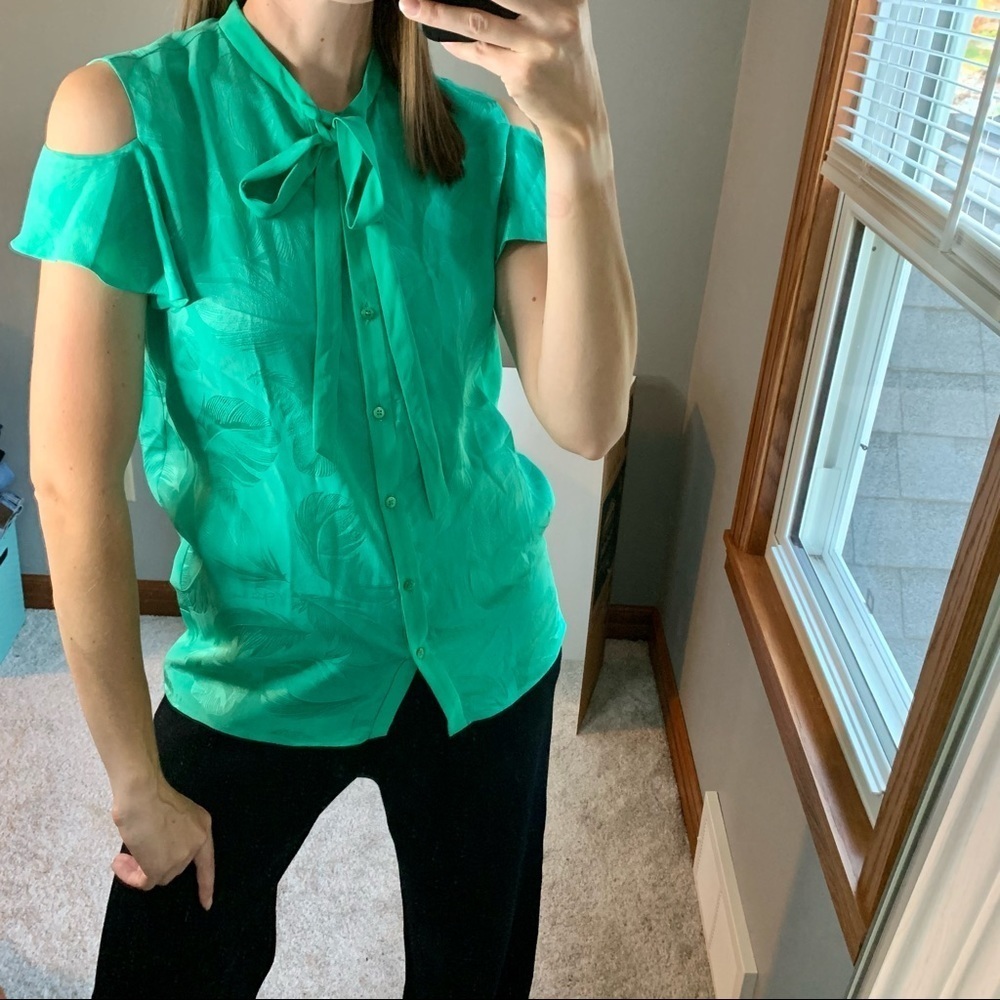 Roberto Cavalli Silk Feather Tie Neck Button Down Tank Blouse